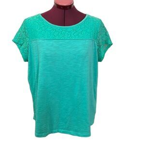 Liz Claiborne Women's Turquoise Short Sleeve Blouse Lace Inset Size Large NWOT